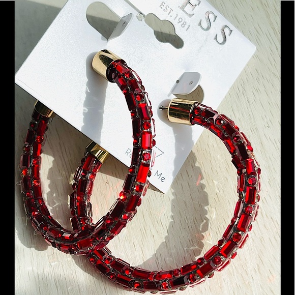 Guess Jewelry - 🌟🌟SOLD GUESS large hoop funky ENCRUSTED CRYSTAL BEADED earrings quirky RED a G